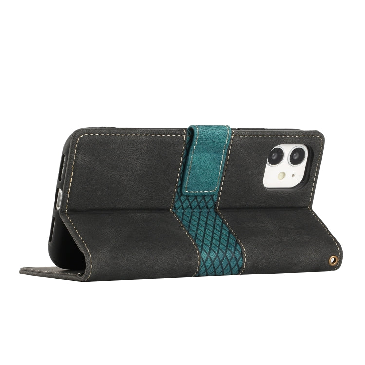 For iPhone 11 Grid Stitching Leather Phone Case with Lanyard