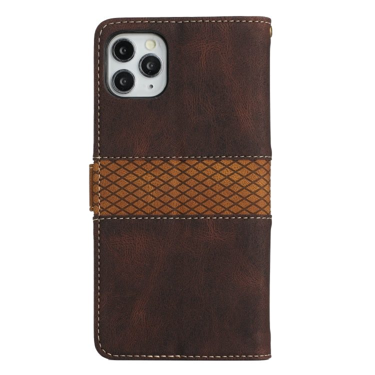 For iPhone 11 Pro Grid Stitching Leather Phone Case with Lanyard