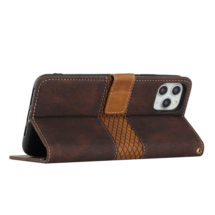 For iPhone 11 Pro Grid Stitching Leather Phone Case with Lanyard