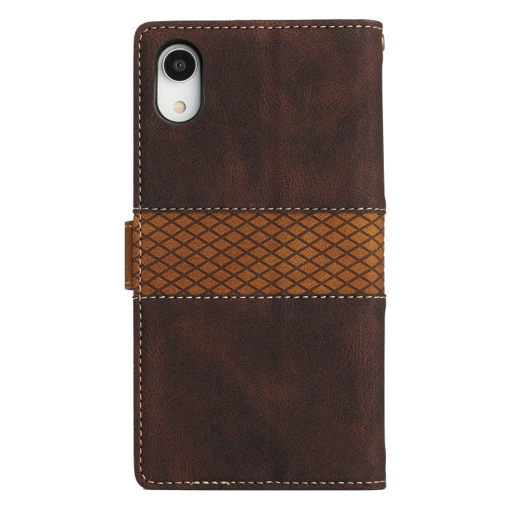 For iPhone XR Grid Stitching Leather Phone Case with Lanyard