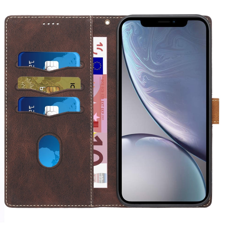 For iPhone XR Grid Stitching Leather Phone Case with Lanyard