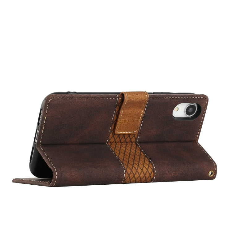 For iPhone XR Grid Stitching Leather Phone Case with Lanyard