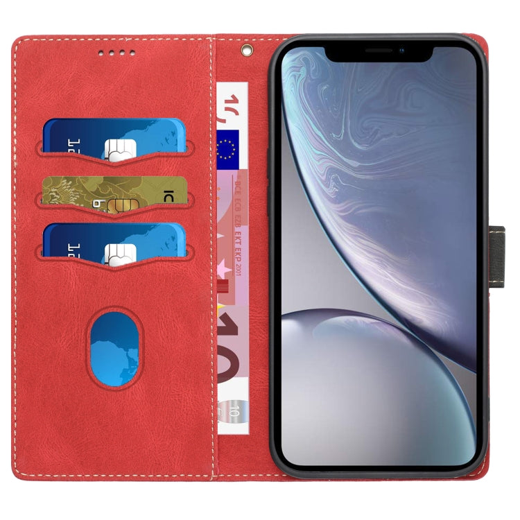 For iPhone XR Grid Stitching Leather Phone Case with Lanyard