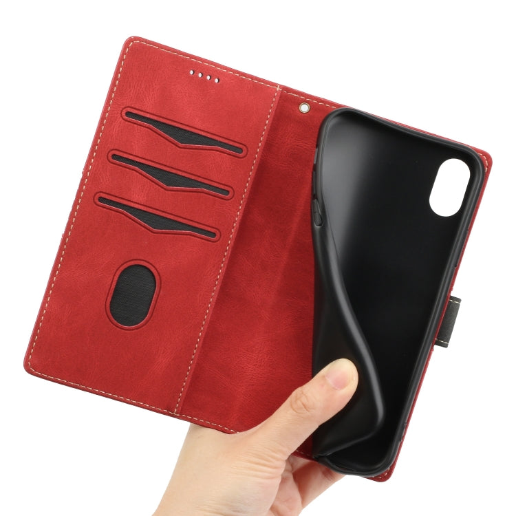 For iPhone XR Grid Stitching Leather Phone Case with Lanyard