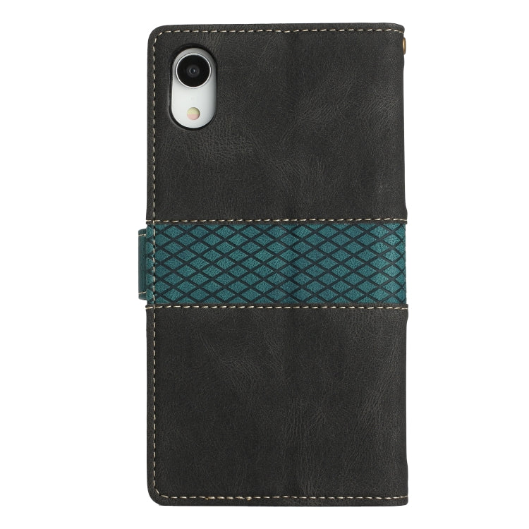 For iPhone XR Grid Stitching Leather Phone Case with Lanyard