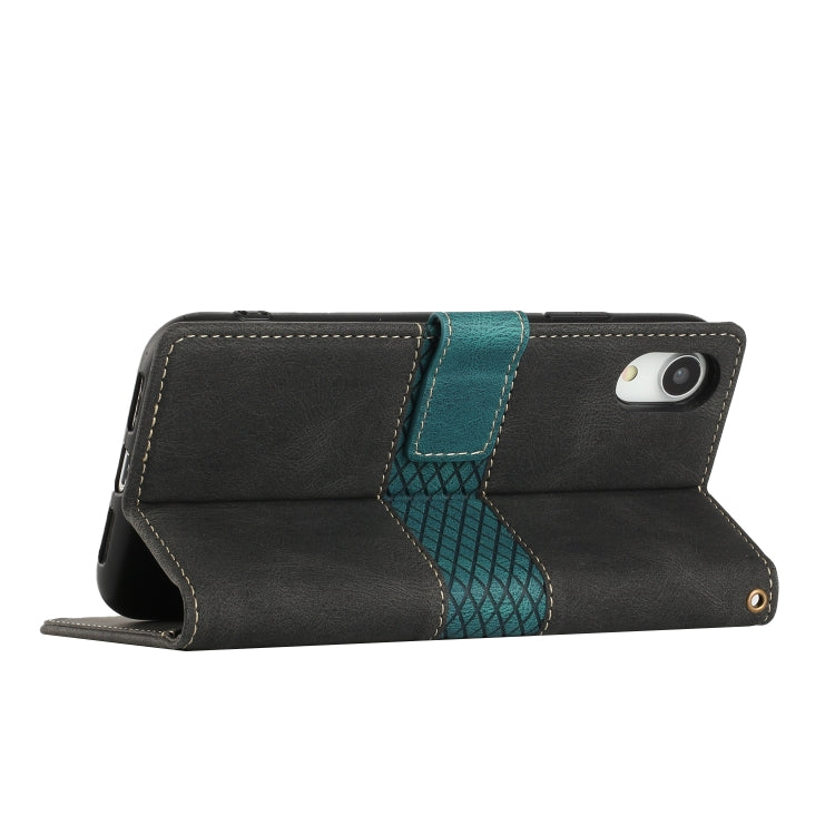 For iPhone XR Grid Stitching Leather Phone Case with Lanyard
