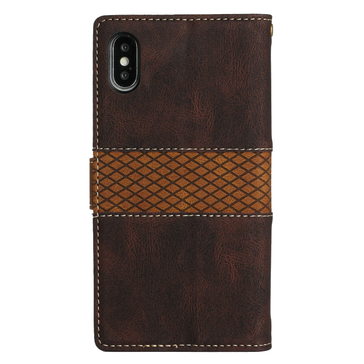 For iPhone XS Max Grid Stitching Leather Phone Case with Lanyard