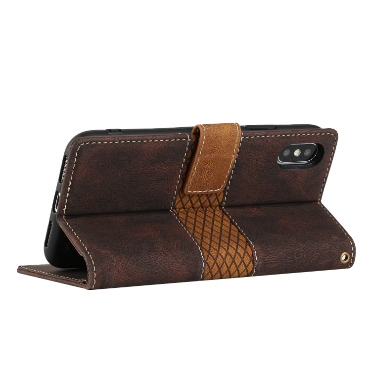 For iPhone XS Max Grid Stitching Leather Phone Case with Lanyard