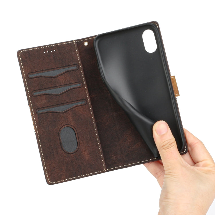 For iPhone XS Max Grid Stitching Leather Phone Case with Lanyard