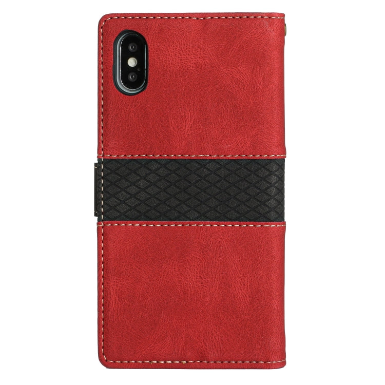 For iPhone XS Max Grid Stitching Leather Phone Case with Lanyard