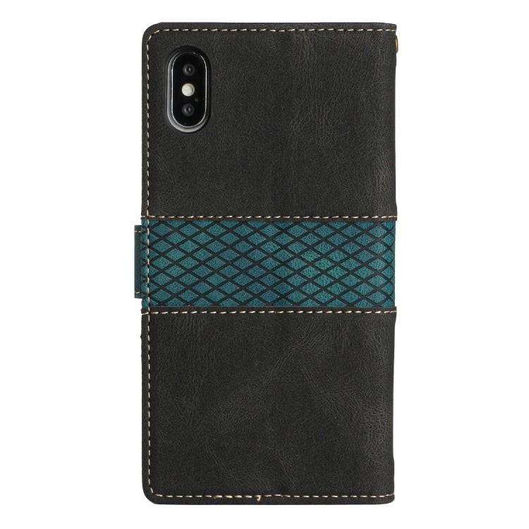 For iPhone XS Max Grid Stitching Leather Phone Case with Lanyard