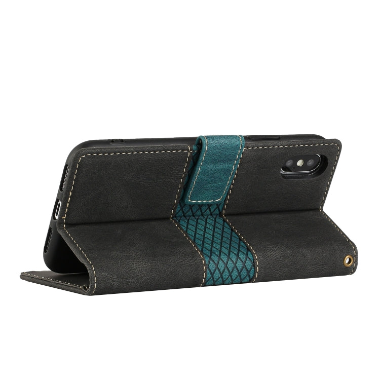 For iPhone XS Max Grid Stitching Leather Phone Case with Lanyard