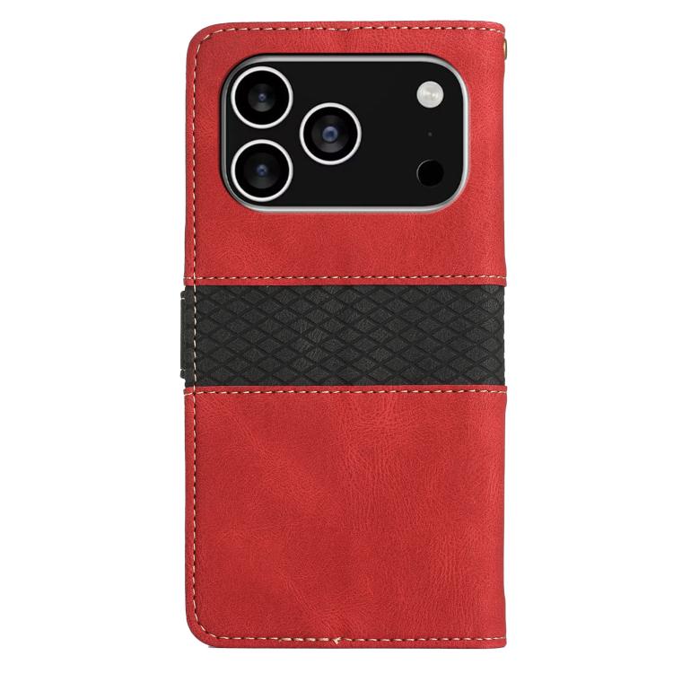 For iPhone 17 Pro Grid Stitching Leather Phone Case with Lanyard