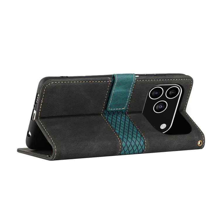 For iPhone 17 Pro Grid Stitching Leather Phone Case with Lanyard