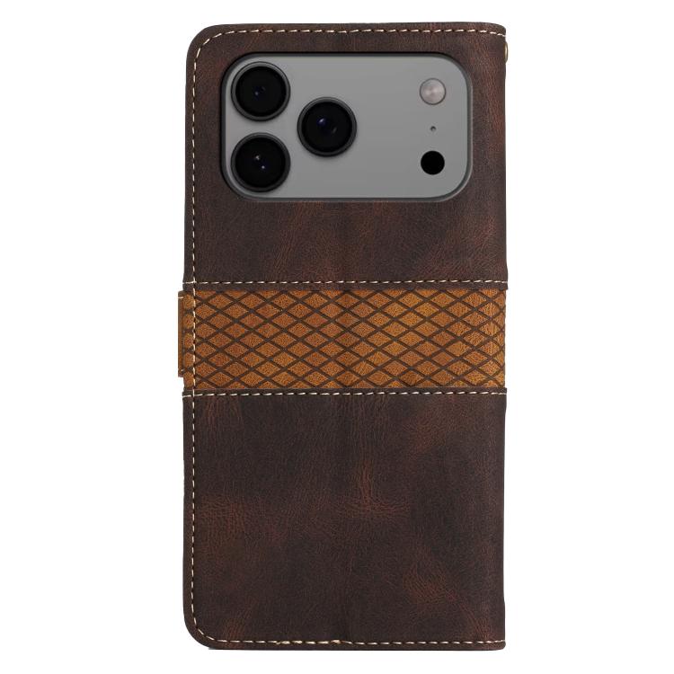For iPhone 17 Pro Max Grid Stitching Leather Phone Case with Lanyard