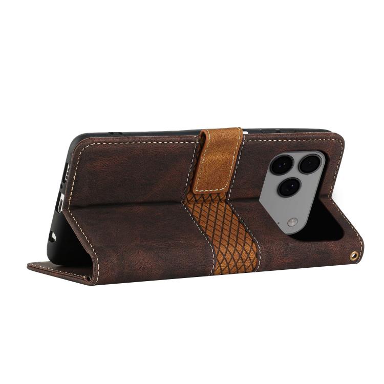 For iPhone 17 Pro Max Grid Stitching Leather Phone Case with Lanyard