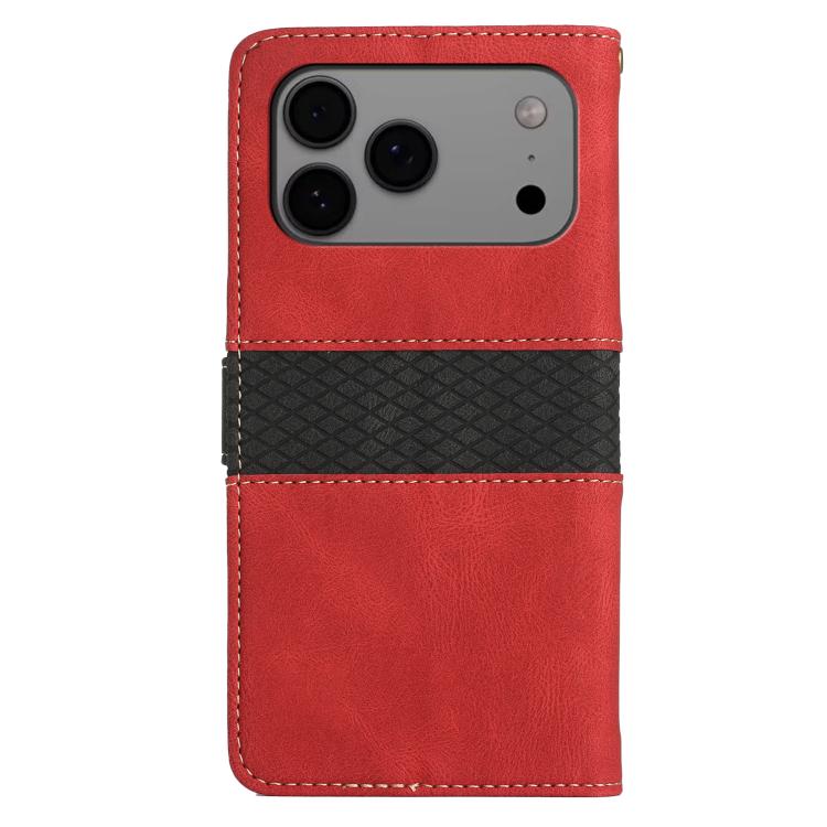For iPhone 17 Pro Max Grid Stitching Leather Phone Case with Lanyard