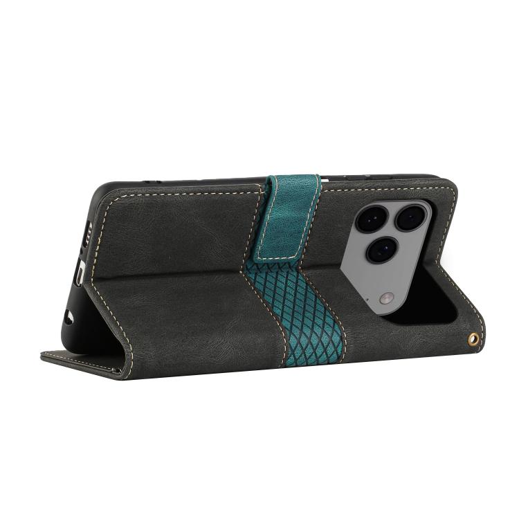 For iPhone 17 Pro Max Grid Stitching Leather Phone Case with Lanyard