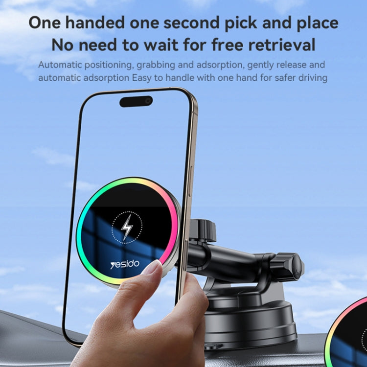 Yesido C315 15W Suction Cup Air Vent Car Wireless Charging Holder with RGB Lighting - Black