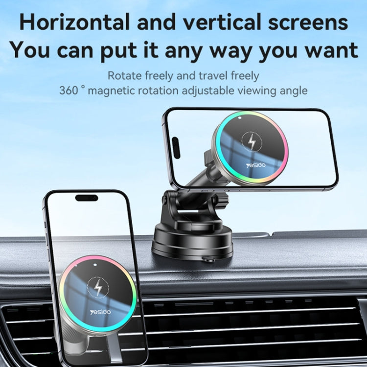 Yesido C315 15W Suction Cup Air Vent Car Wireless Charging Holder with RGB Lighting - Black