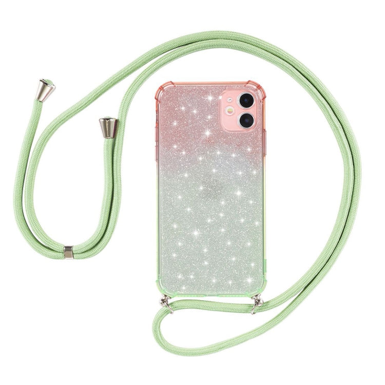 For iPhone 11 Pro Max Gradient Glitter Powder Shockproof TPU Protective Case with Lanyard