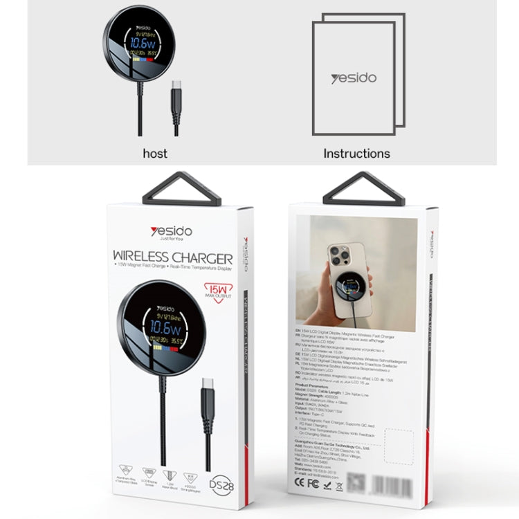 Yesido DS28 15W Smart Digital Display Magnetic Wireless Charger, Length:1.2m - Black