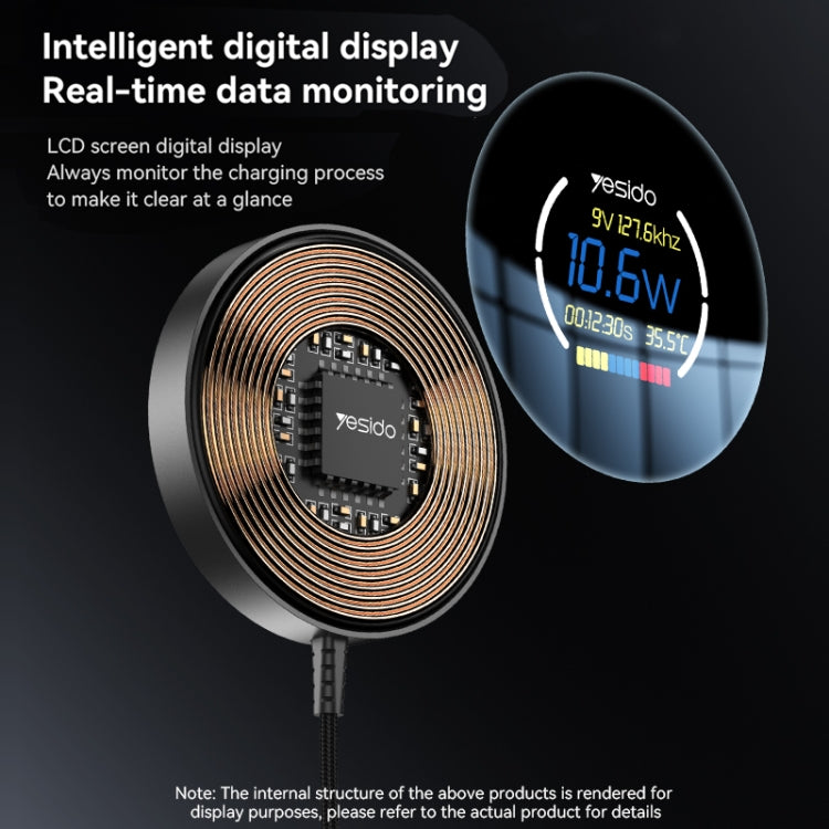 Yesido DS28 15W Smart Digital Display Magnetic Wireless Charger, Length:1.2m - Black