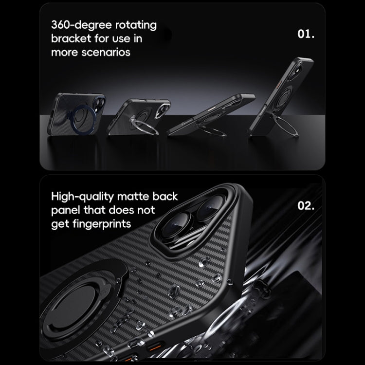 For iPhone 16 Plus Carbon Fiber MagSafe Phone Case with 360 Degree Rotating Holder