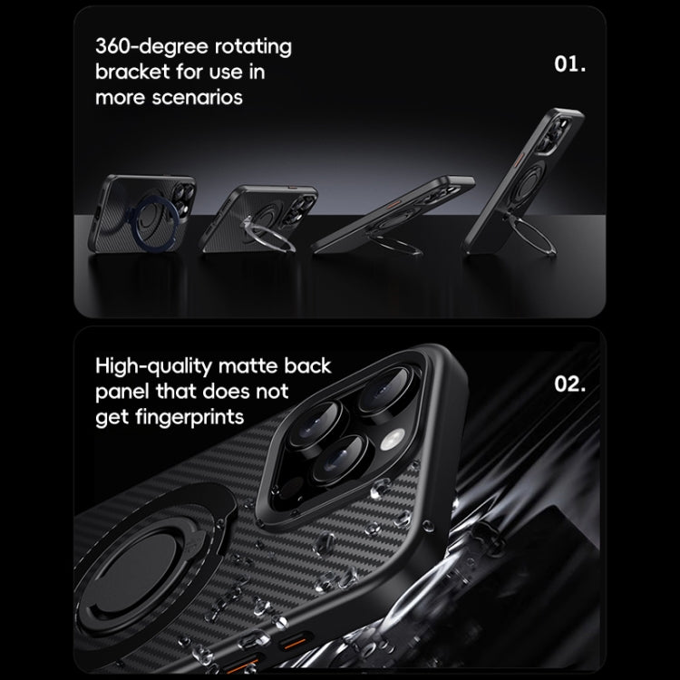 For iPhone 15 Pro Max Carbon Fiber MagSafe Phone Case with 360 Degree Rotating Holder