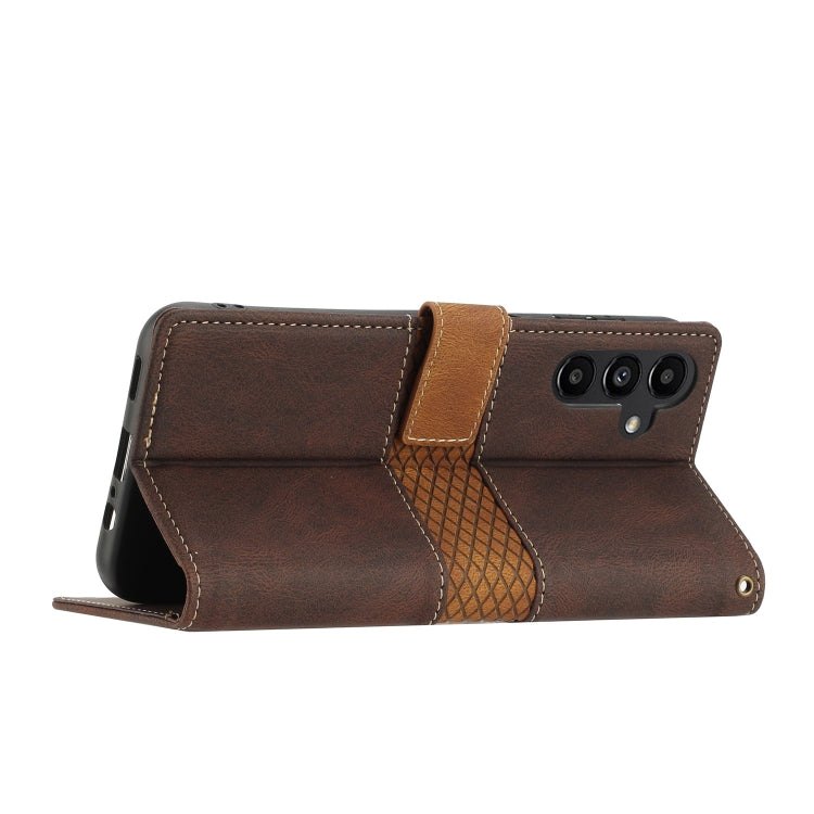 For Samsung Galaxy S25+ 5G Grid Stitching Leather Phone Case with Lanyard