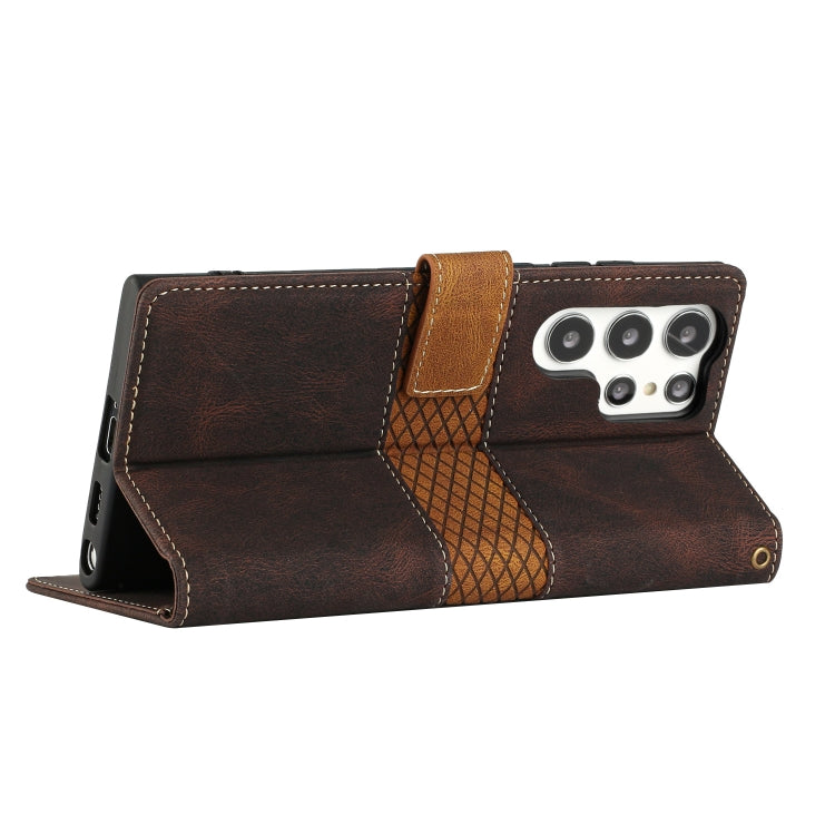 For Samsung Galaxy S25 Ultra 5G Grid Stitching Leather Phone Case with Lanyard