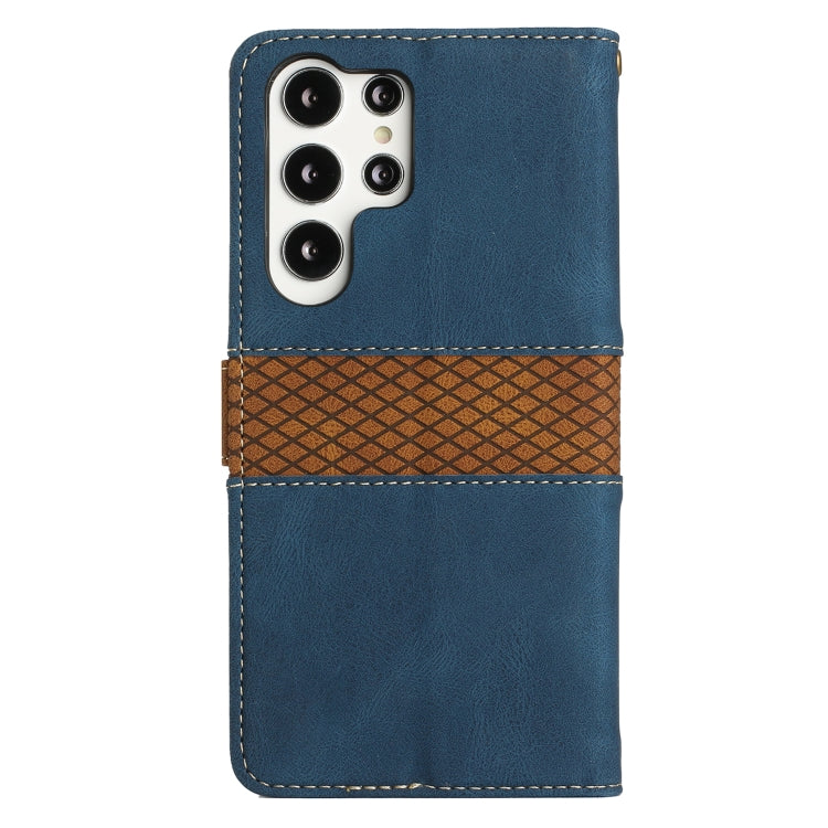 For Samsung Galaxy S23 Ultra 5G Grid Stitching Leather Phone Case with Lanyard