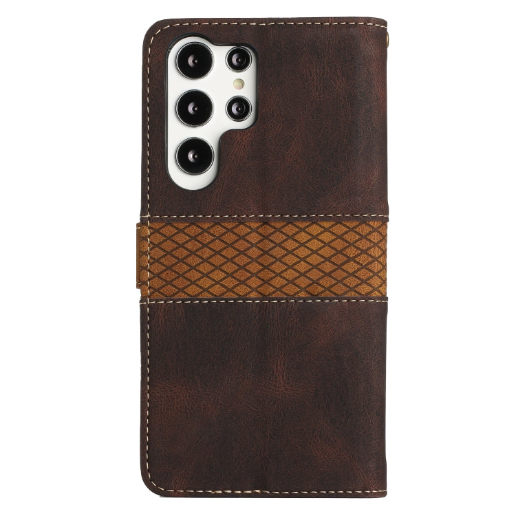 For Samsung Galaxy S23 Ultra 5G Grid Stitching Leather Phone Case with Lanyard