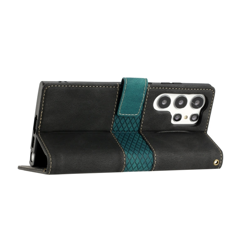 For Samsung Galaxy S23 Ultra 5G Grid Stitching Leather Phone Case with Lanyard