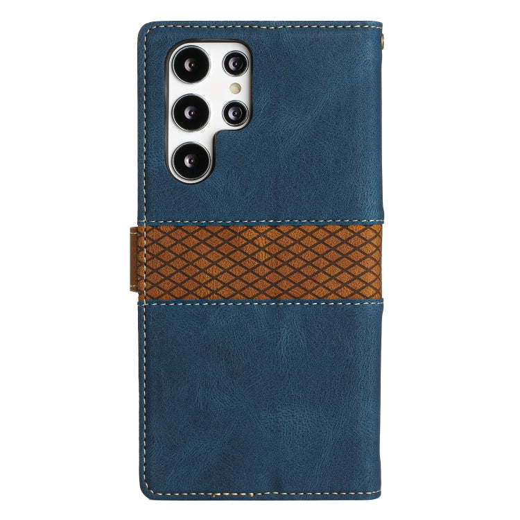 For Samsung Galaxy S22 Ultra 5G Grid Stitching Leather Phone Case with Lanyard