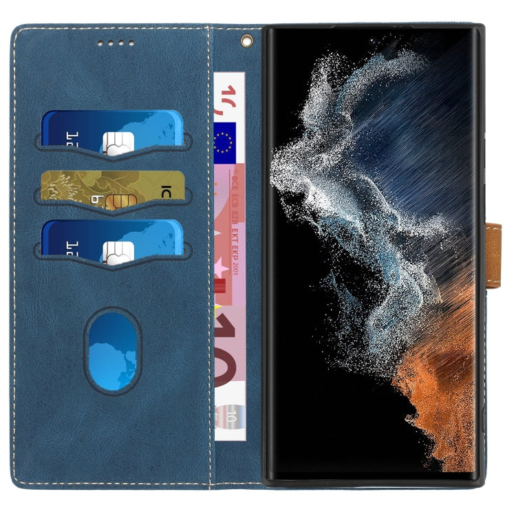 For Samsung Galaxy S22 Ultra 5G Grid Stitching Leather Phone Case with Lanyard