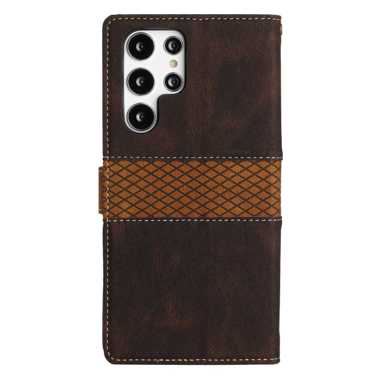 For Samsung Galaxy S22 Ultra 5G Grid Stitching Leather Phone Case with Lanyard