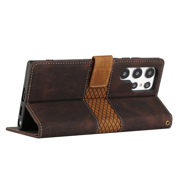 For Samsung Galaxy S22 Ultra 5G Grid Stitching Leather Phone Case with Lanyard