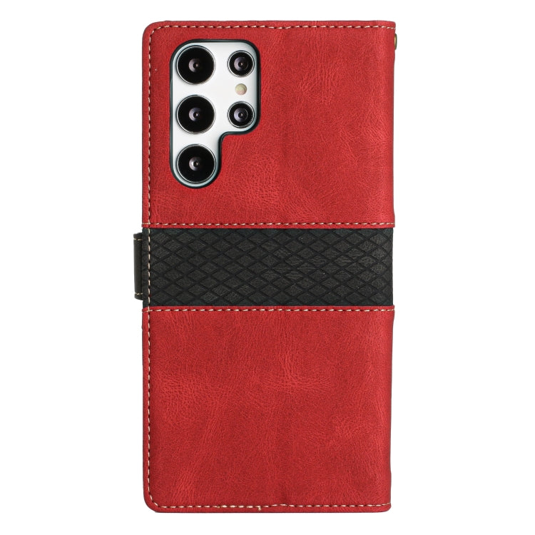 For Samsung Galaxy S22 Ultra 5G Grid Stitching Leather Phone Case with Lanyard