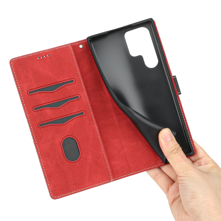 For Samsung Galaxy S22 Ultra 5G Grid Stitching Leather Phone Case with Lanyard