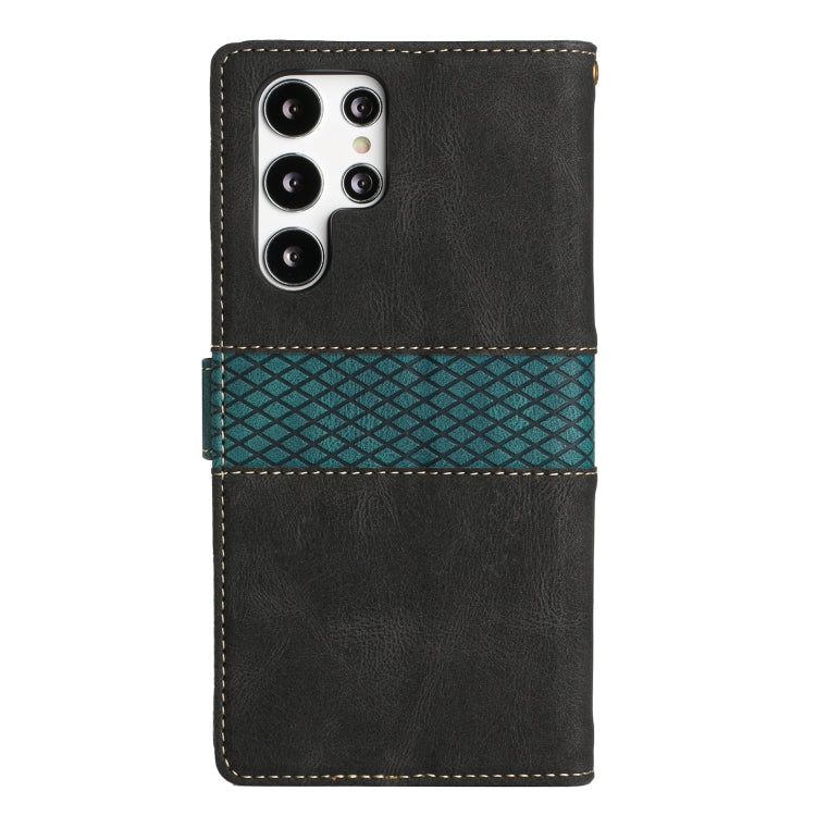 For Samsung Galaxy S22 Ultra 5G Grid Stitching Leather Phone Case with Lanyard