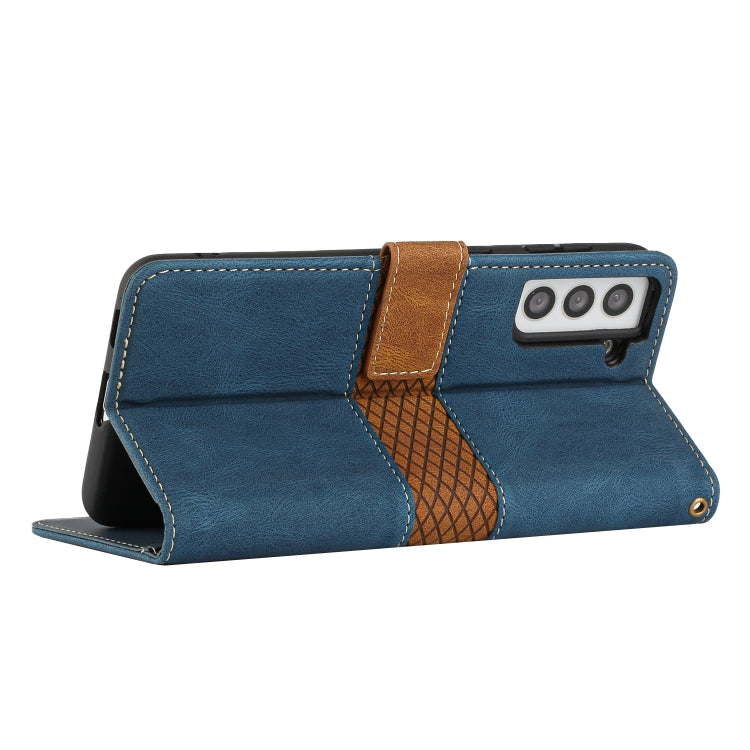 For Samsung Galaxy S21 FE 5G Grid Stitching Leather Phone Case with Lanyard