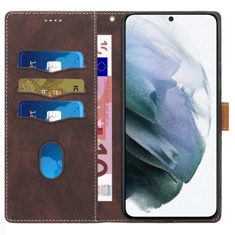 For Samsung Galaxy S21 FE 5G Grid Stitching Leather Phone Case with Lanyard