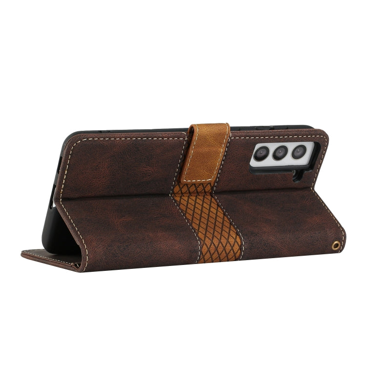 For Samsung Galaxy S21 FE 5G Grid Stitching Leather Phone Case with Lanyard
