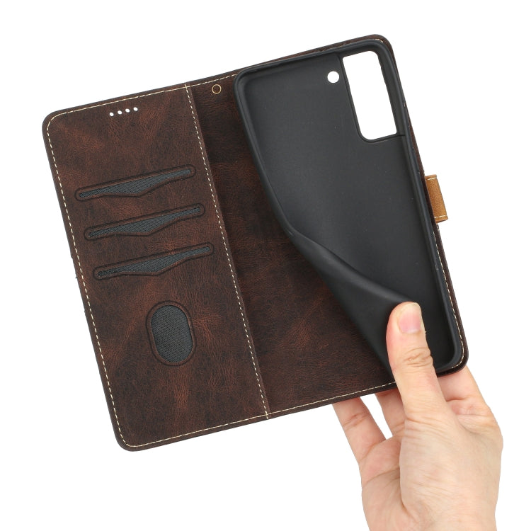 For Samsung Galaxy S21 FE 5G Grid Stitching Leather Phone Case with Lanyard