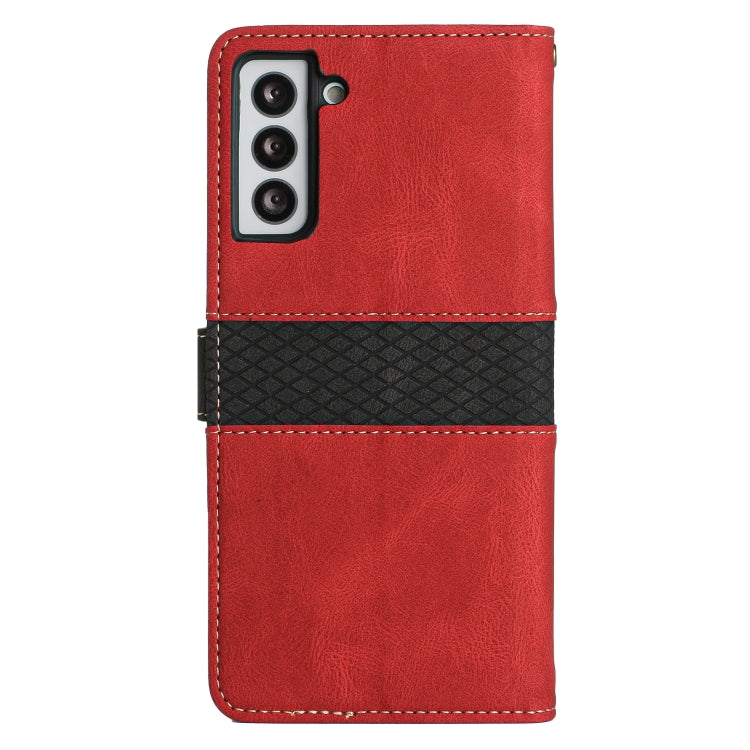 For Samsung Galaxy S21 FE 5G Grid Stitching Leather Phone Case with Lanyard
