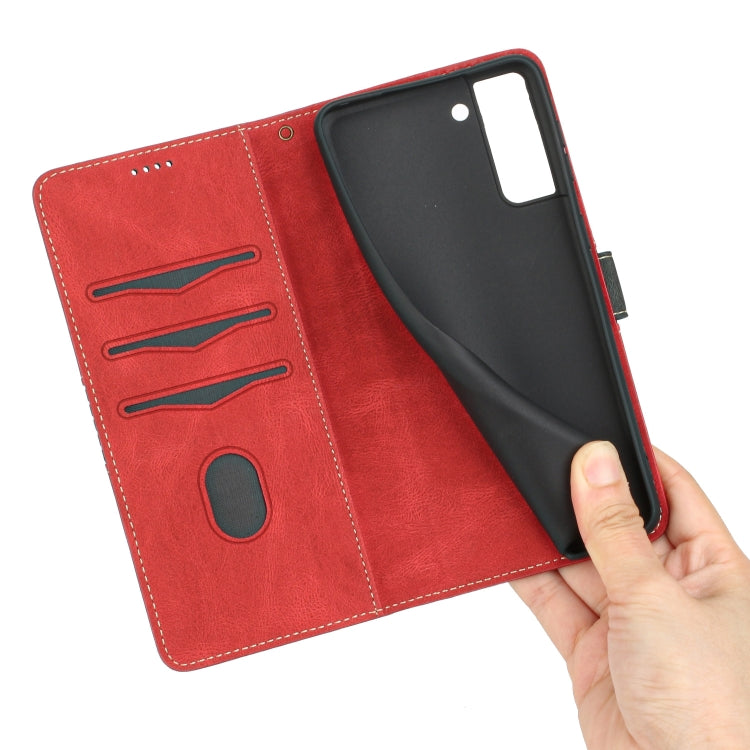 For Samsung Galaxy S21 FE 5G Grid Stitching Leather Phone Case with Lanyard