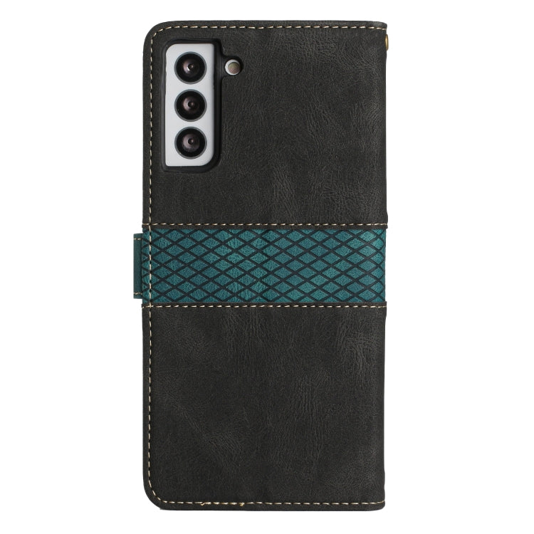 For Samsung Galaxy S21 FE 5G Grid Stitching Leather Phone Case with Lanyard
