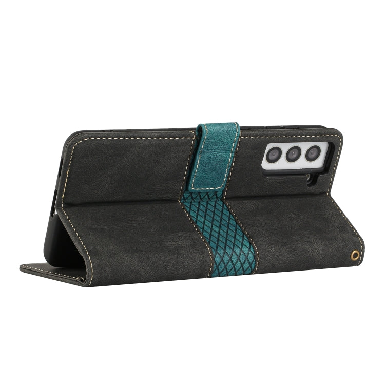 For Samsung Galaxy S21 FE 5G Grid Stitching Leather Phone Case with Lanyard