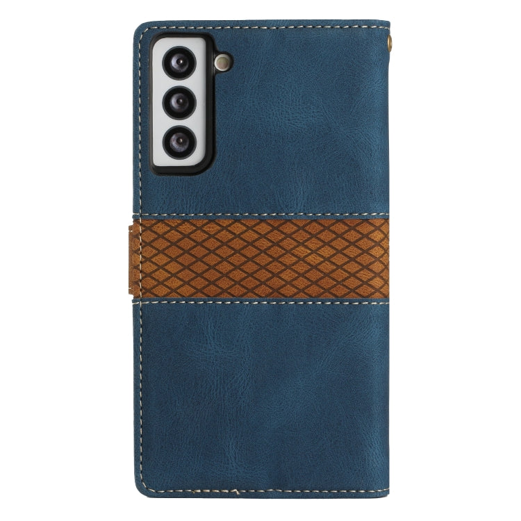 For Samsung Galaxy S21 5G Grid Stitching Leather Phone Case with Lanyard